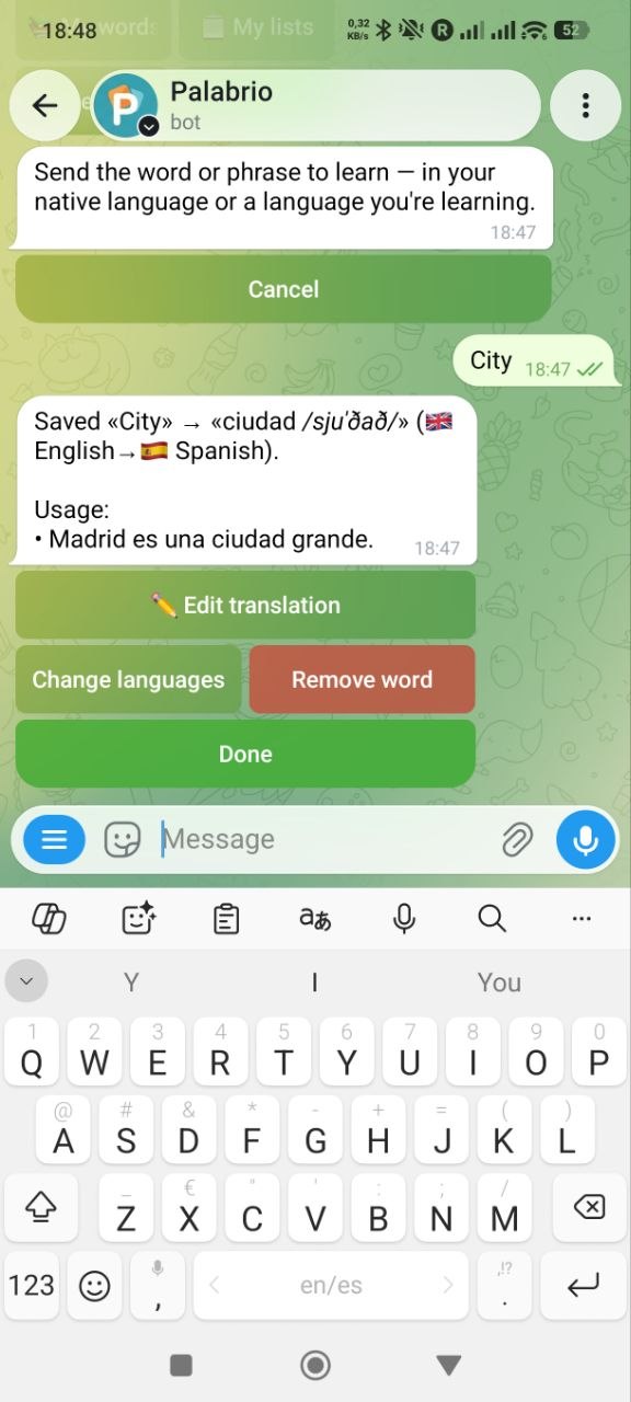 Saving a word in the Palabrio Telegram bot