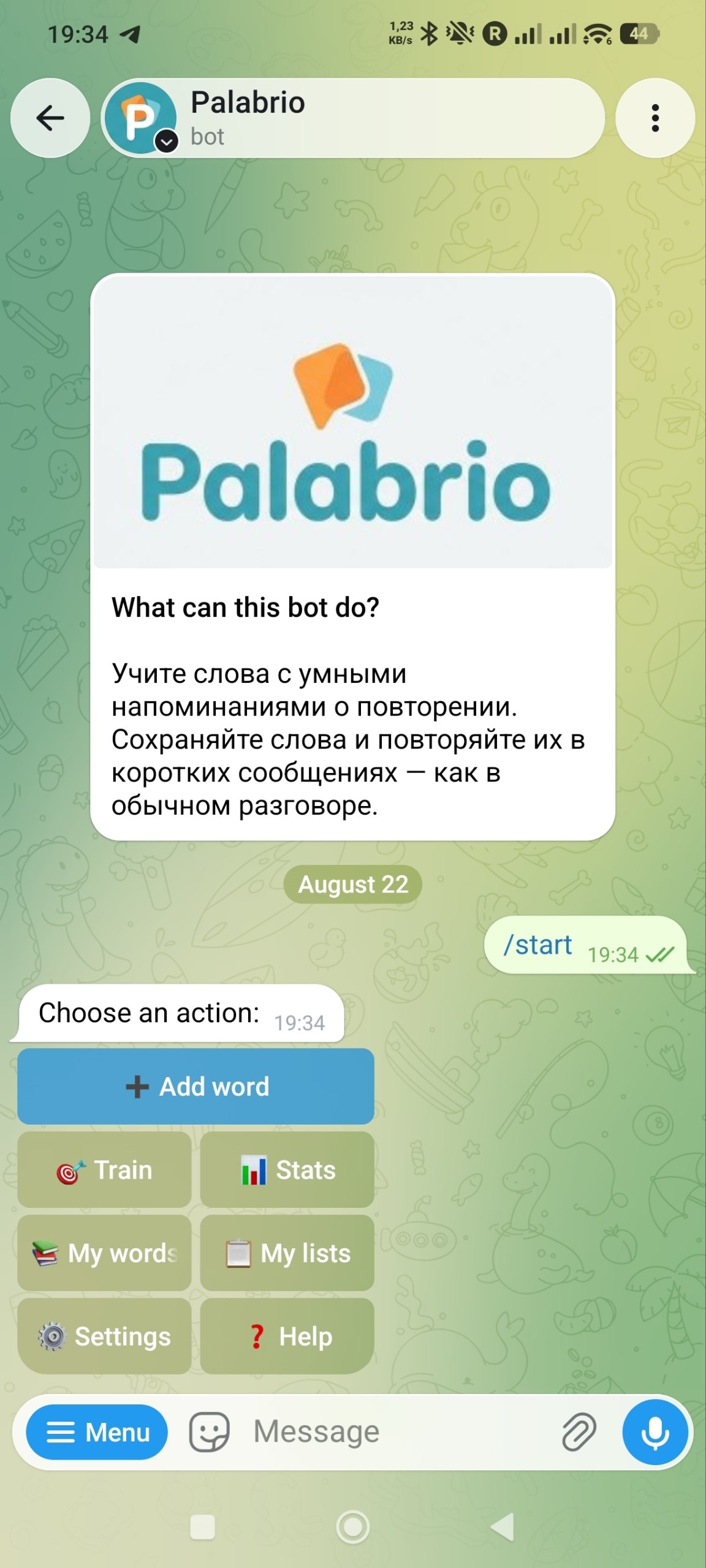 Palabrio main menu in Telegram