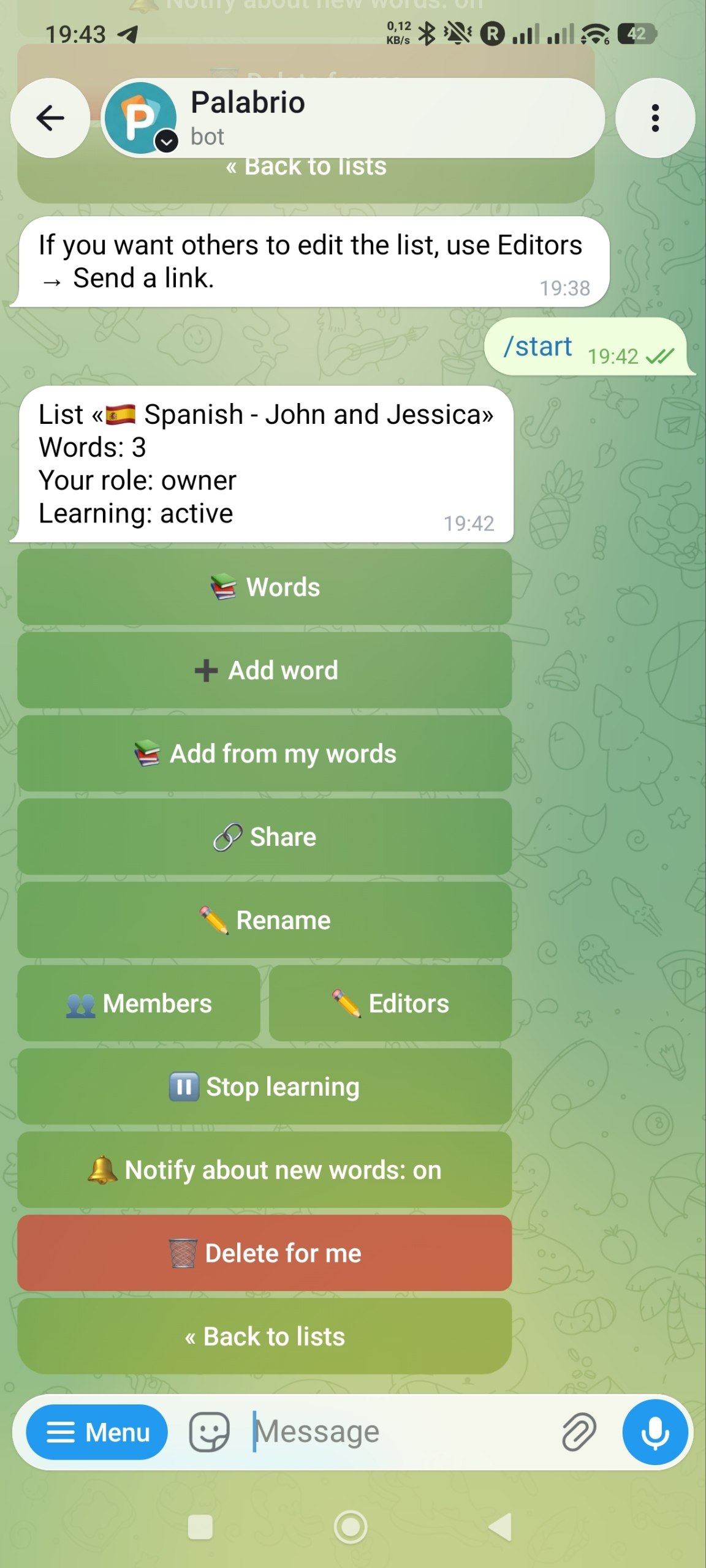 Shared word list in the Palabrio Telegram bot