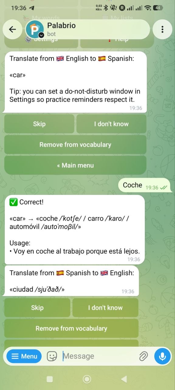 Train session in the Palabrio Telegram bot